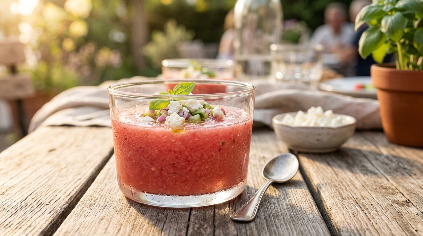 Verrine de gaspacho pastèque feta avec basilic frais
