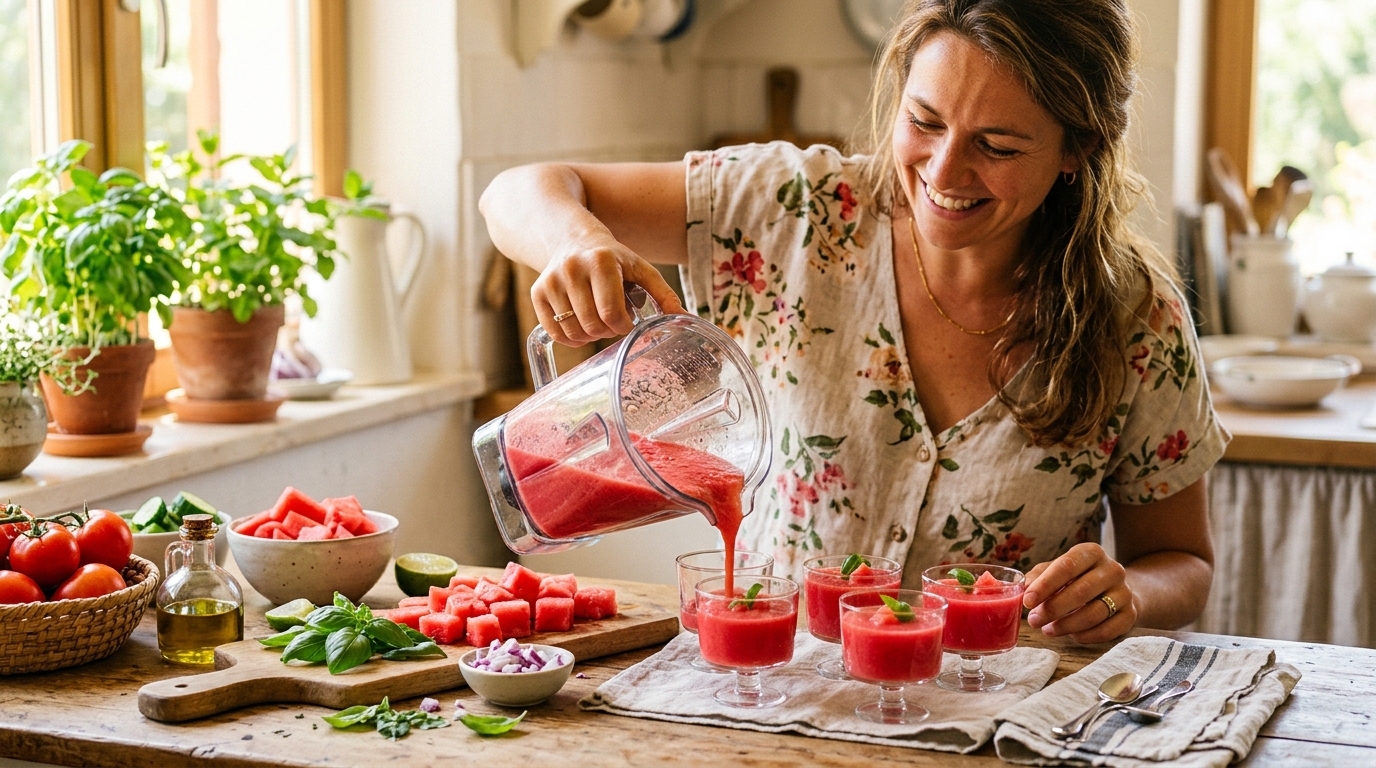 Femme préparant le gaspacho pastèque feta en cuisine