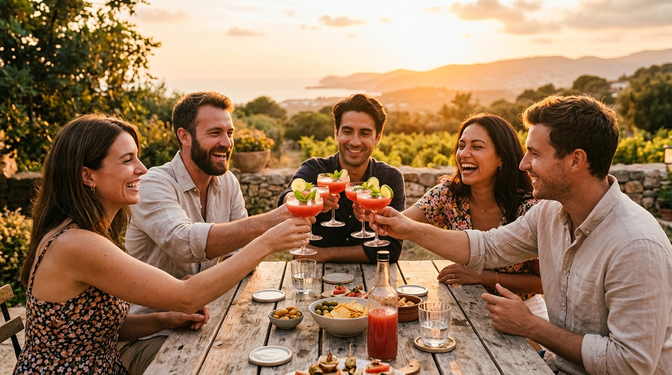 Amis dégustant le gaspacho version cocktail à l'apéro