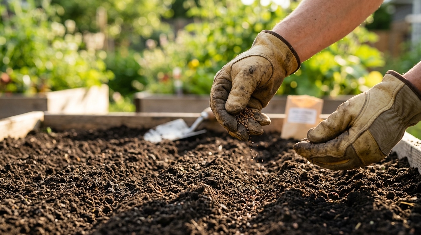 Mains semant des graines sur un sol griffé au jardin