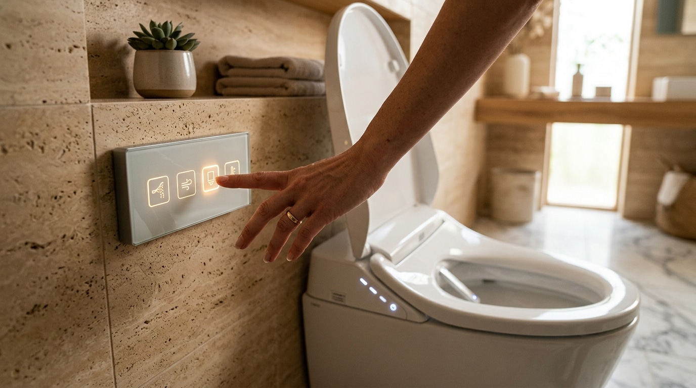 Main actionnant le panneau de contrôle d'une toilette intelligente