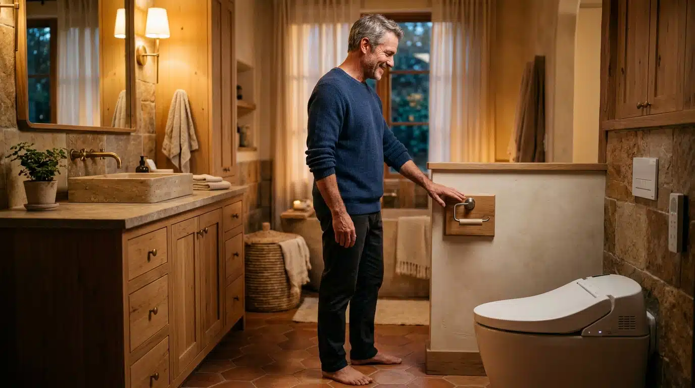 Homme surpris devant un porte-rouleau de papier toilette vide