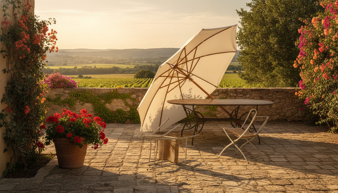 Parasol renversé par le vent sur une terrasse