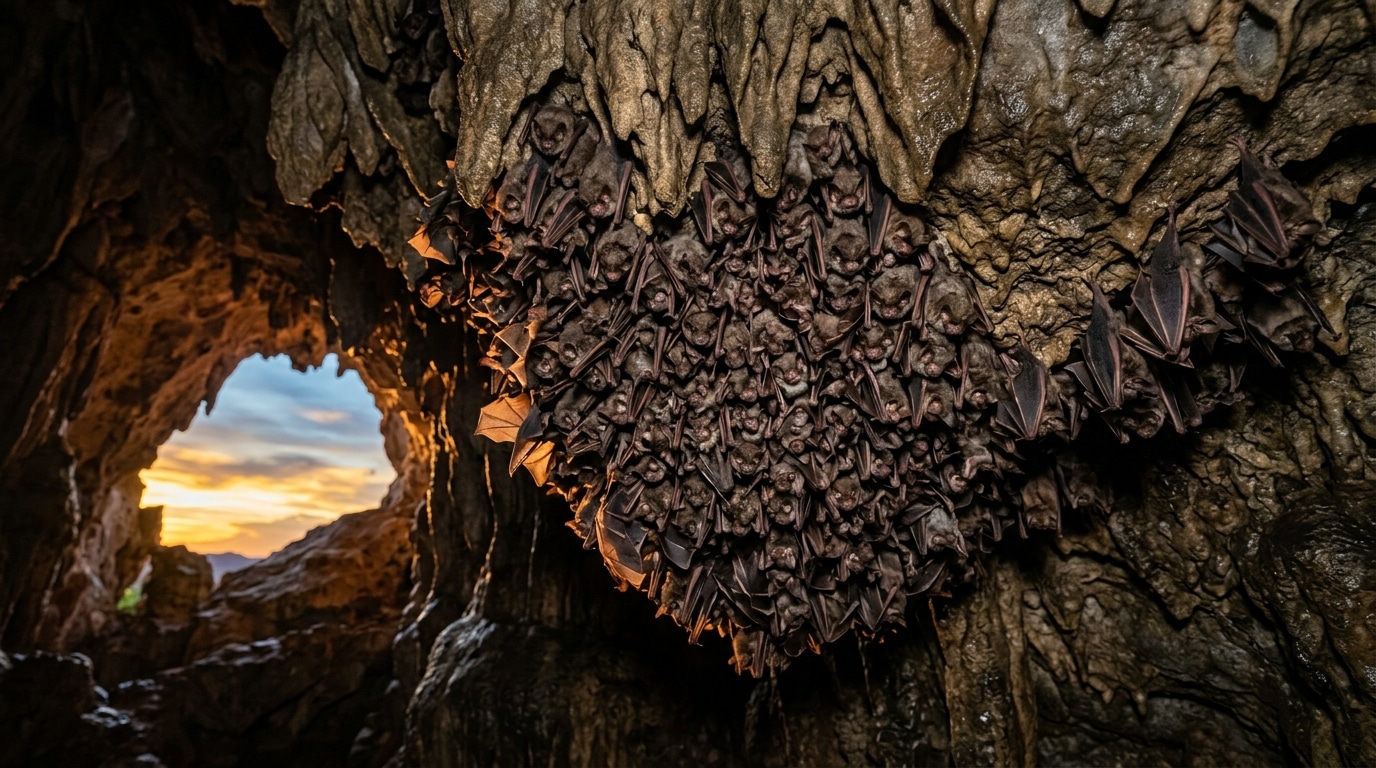 Colonie de chauves-souris regroupées au plafond d'une grotte