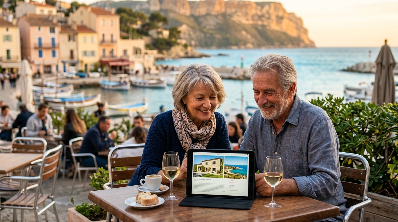 Couple de retraités consultant une annonce immobilière en terrasse