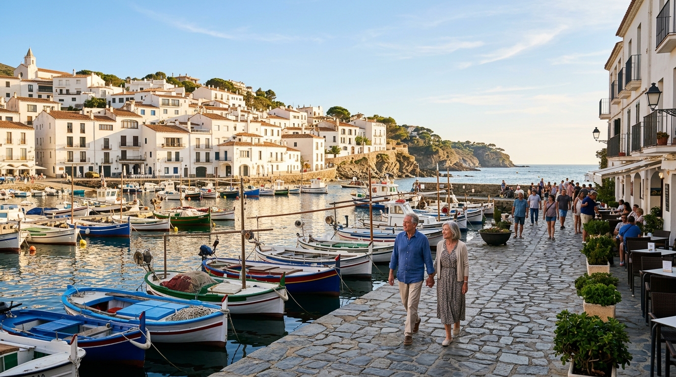 Port de pêche méditerranéen avec couple de seniors se promenant