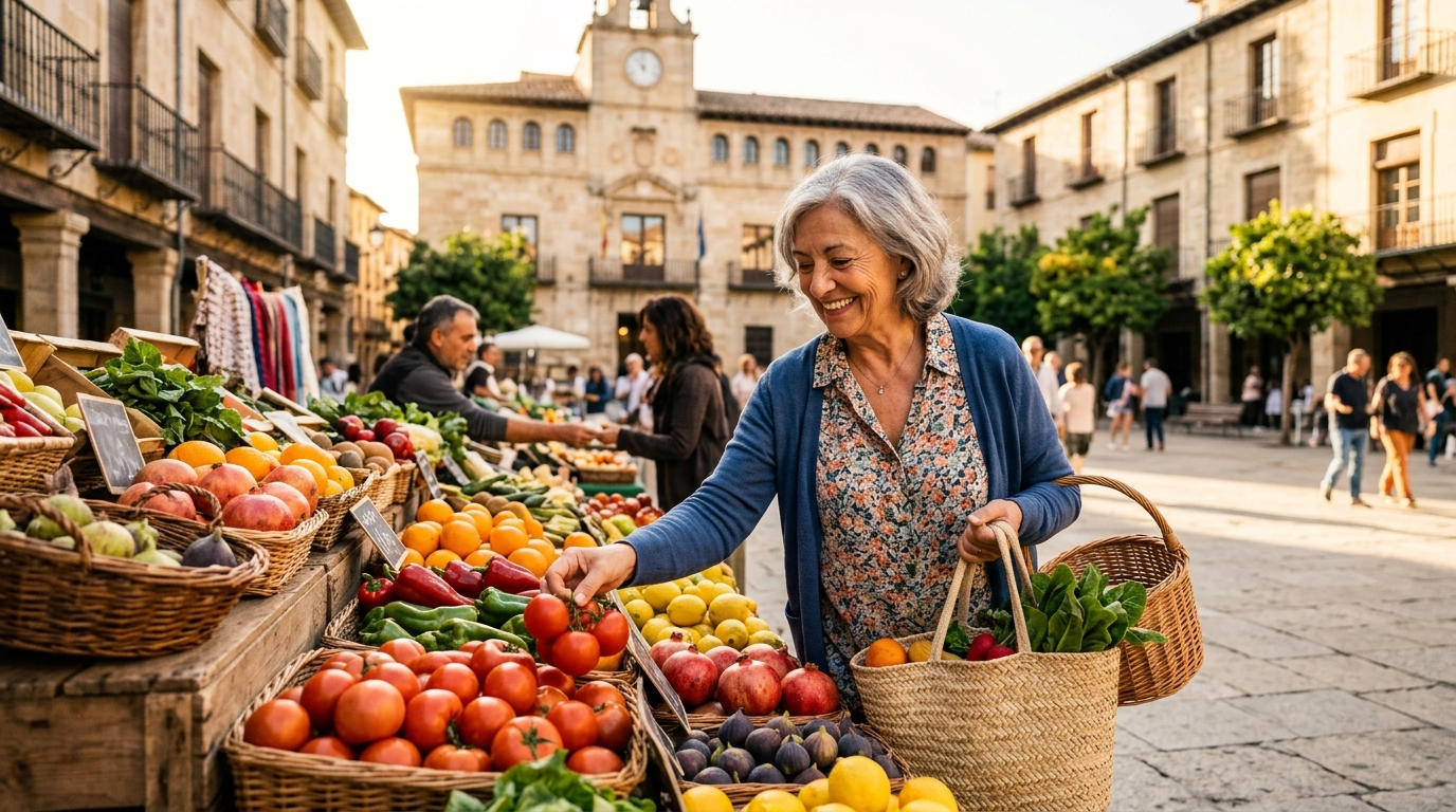 Retraitée souriante faisant ses courses sur un marché local espagnol