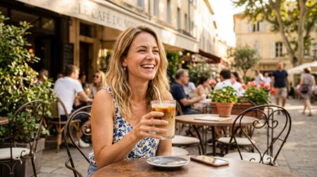 Femme souriante buvant un cocktail glacé au café en terrasse