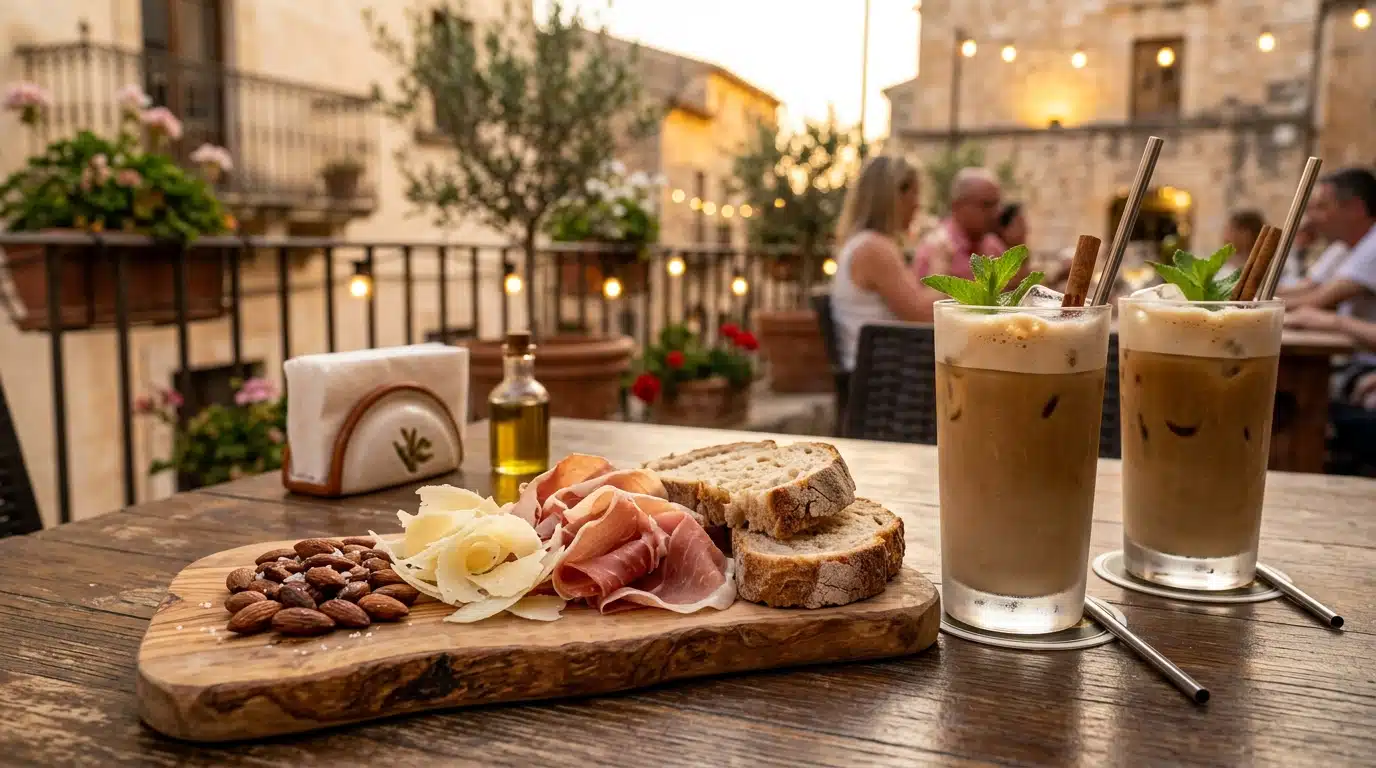 Planche apéro avec cocktails glacés au café en terrasse