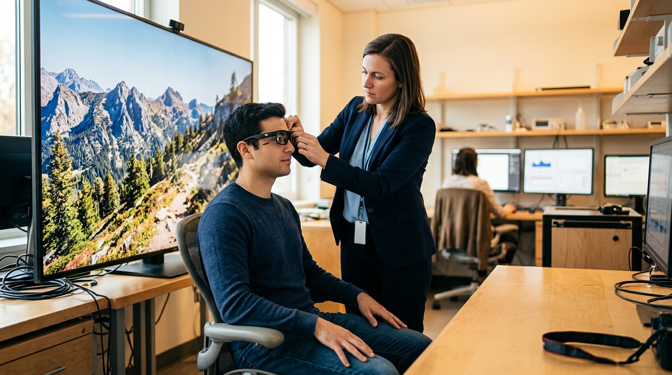 Participant équipé de lunettes d'eye-tracking en laboratoire