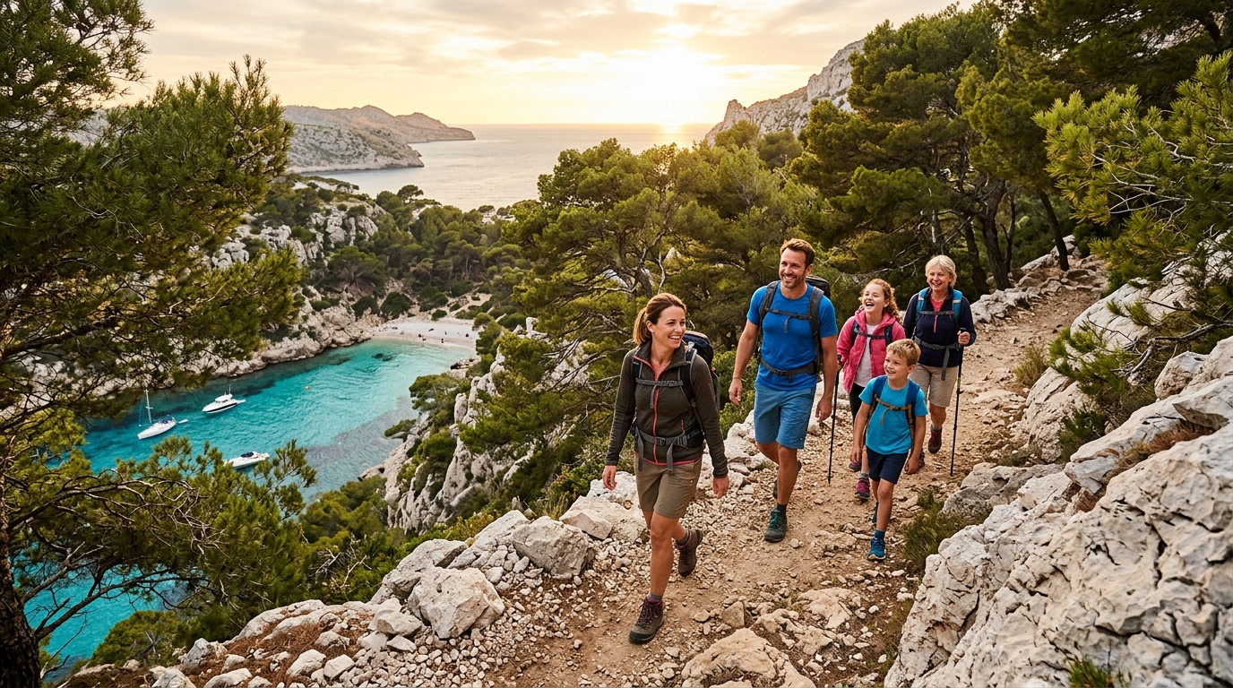 Famille randonnant sur un sentier des Calanques de Marseille