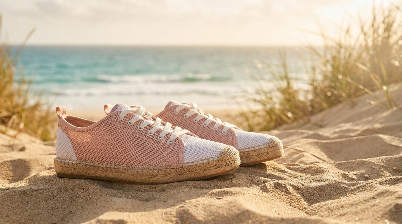Chaussures espadrilles roses posées sur le sable de plage