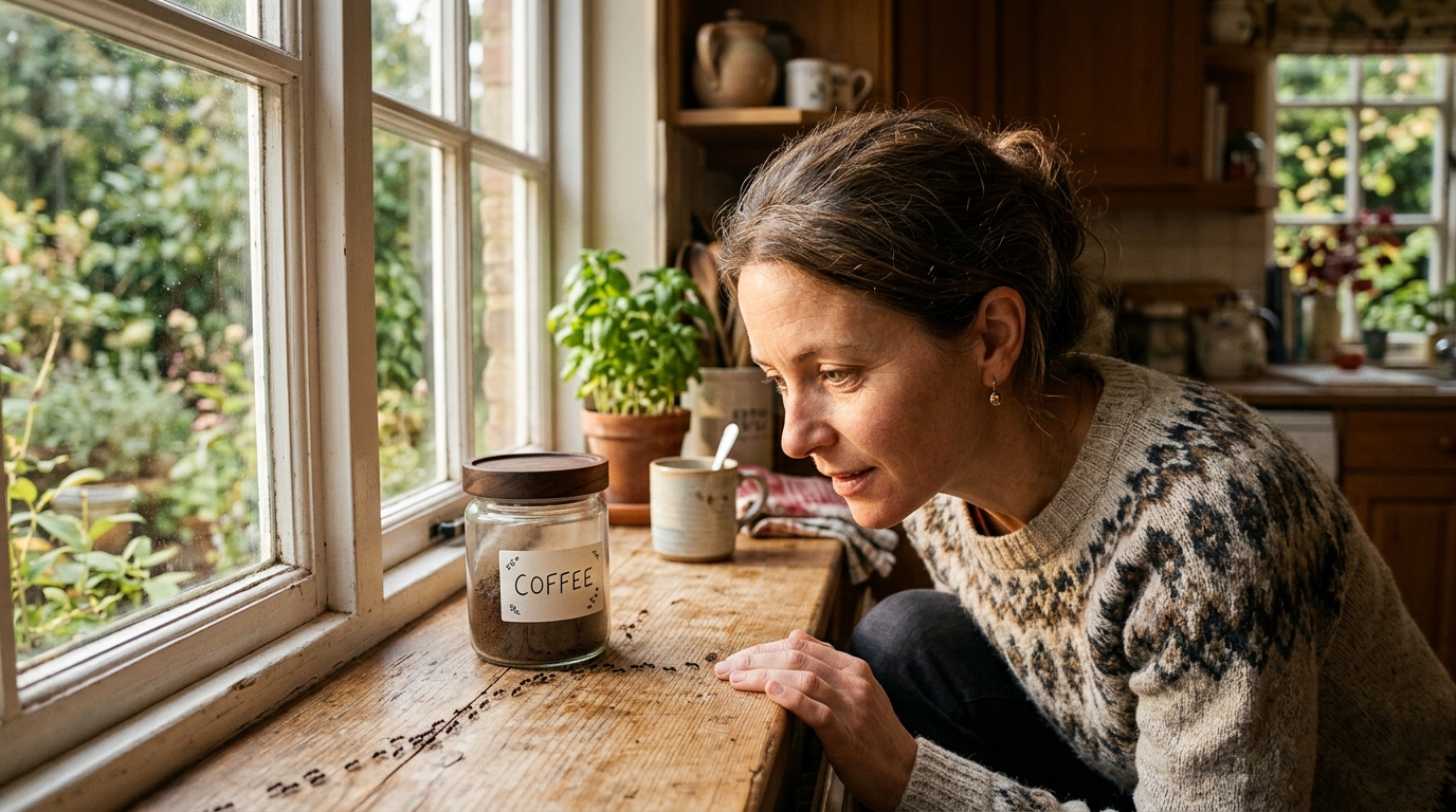Femme observant des fourmis près d'un pot de café