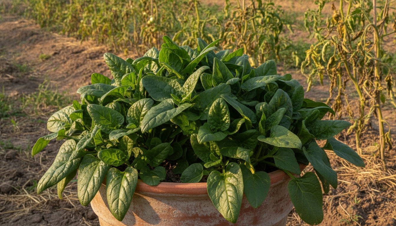 Plant de tétragone étalé sur sol sec au potager en plein été