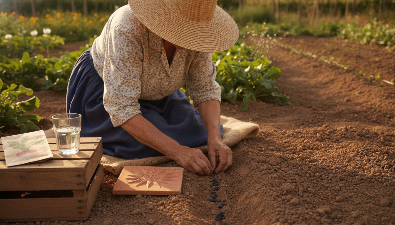 Jardinière semant des graines de tétragone dans un potager en juillet