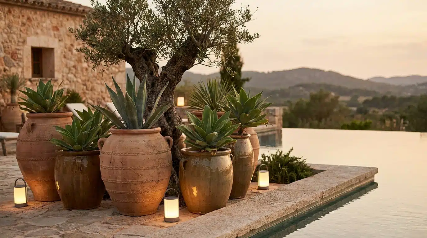 Grands pots en céramique avec agaves et olivier près d'une piscine