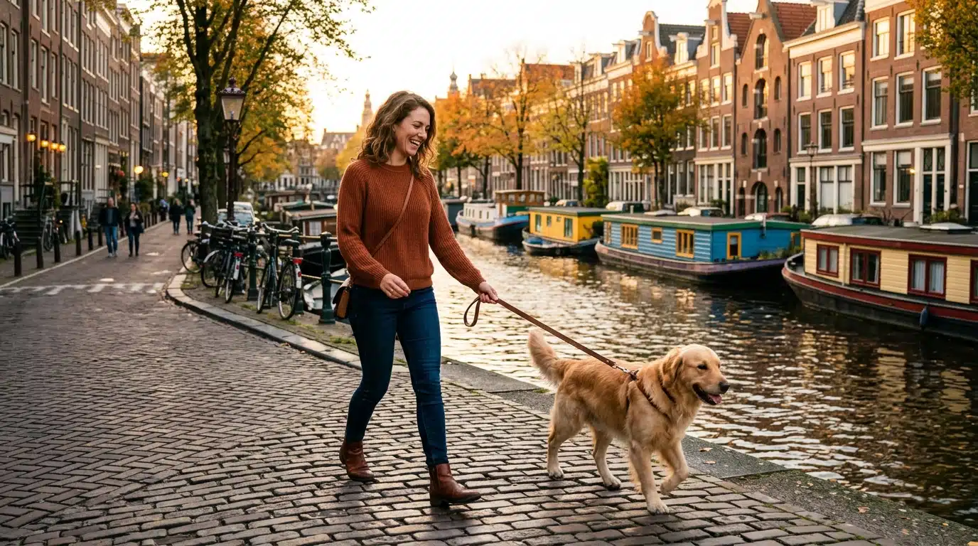 Femme et son chien se promenant le long des canaux d'Amsterdam