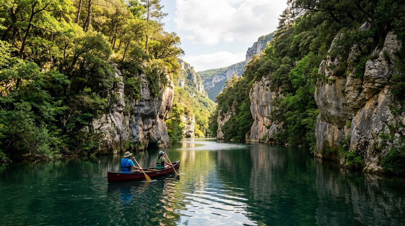 Canoë glissant dans les gorges de l'Aveyron en été