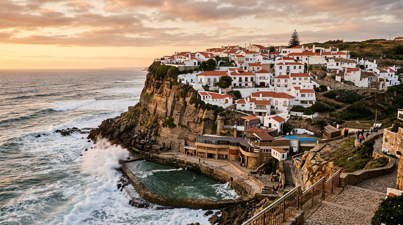 Village blanc portugais accroché aux falaises face à l'Atlantique