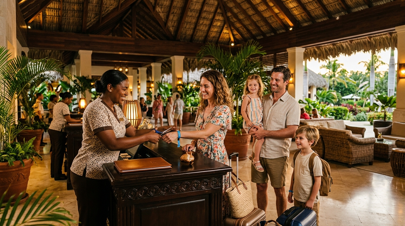Famille en check-in dans un resort tout compris à Punta Cana