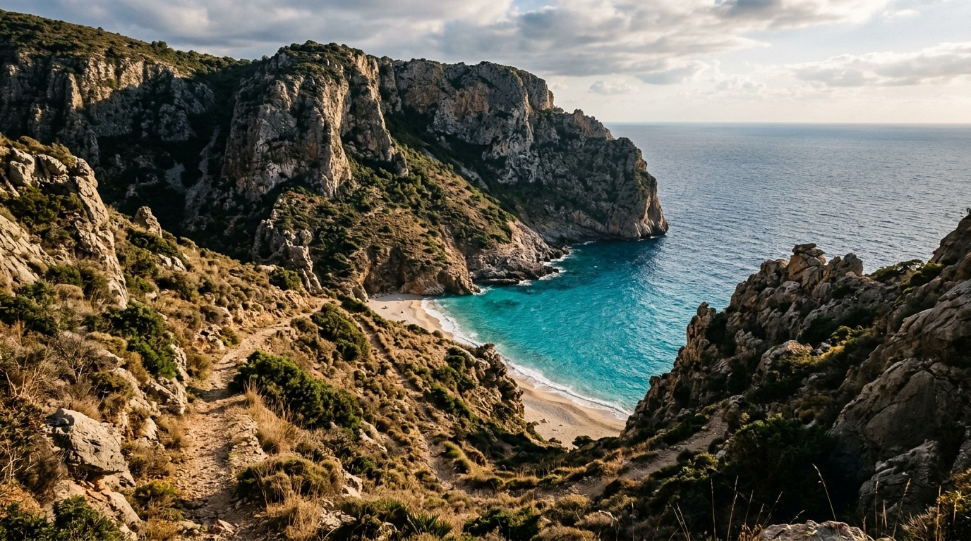 Crique sauvage et sentier côtier isolé en Méditerranée