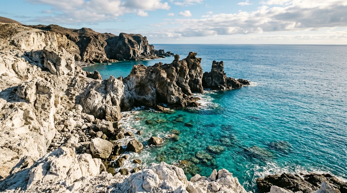 Rochers blancs volcaniques plongeant dans une mer turquoise