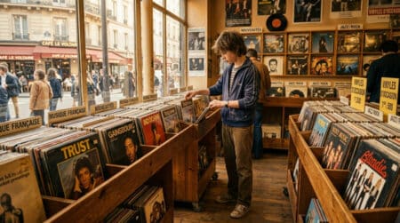Adolescent feuilletant des vinyles dans un magasin années 80