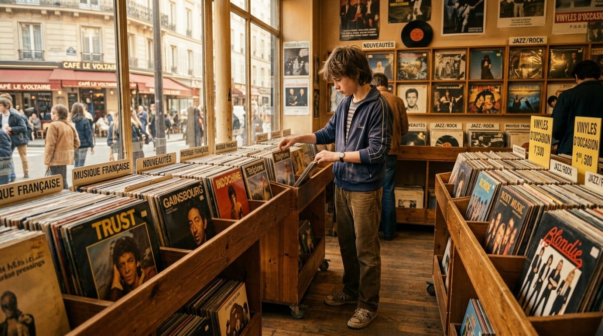Adolescent feuilletant des vinyles dans un magasin années 80