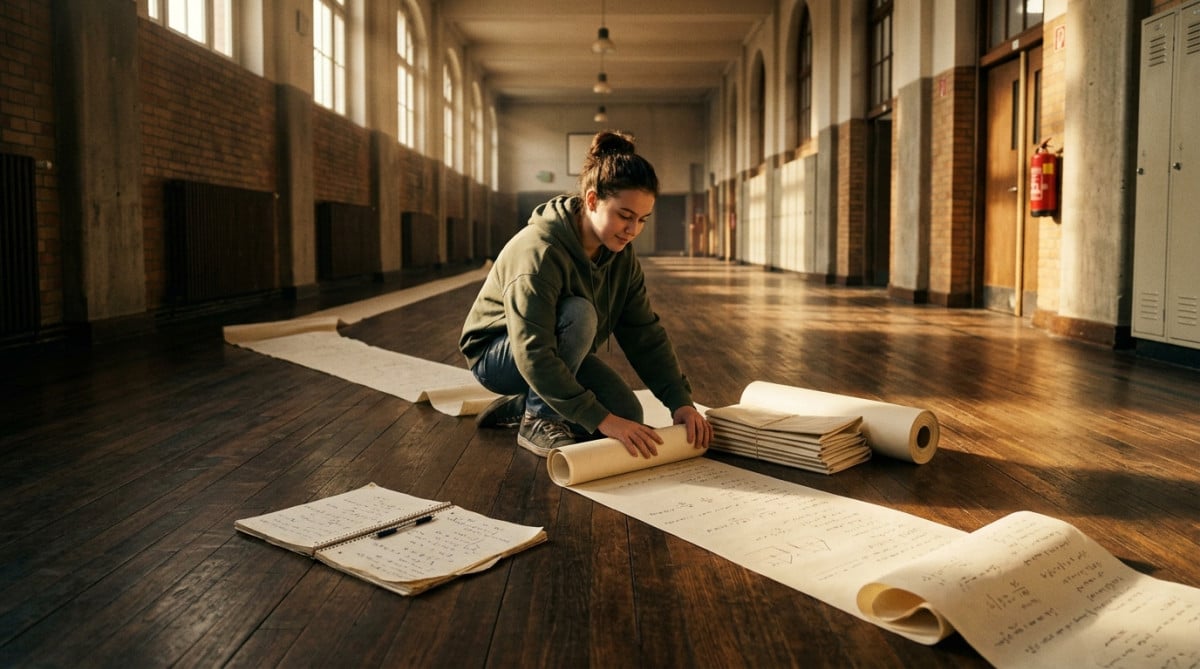 Adolescente pliant une très longue bande de papier