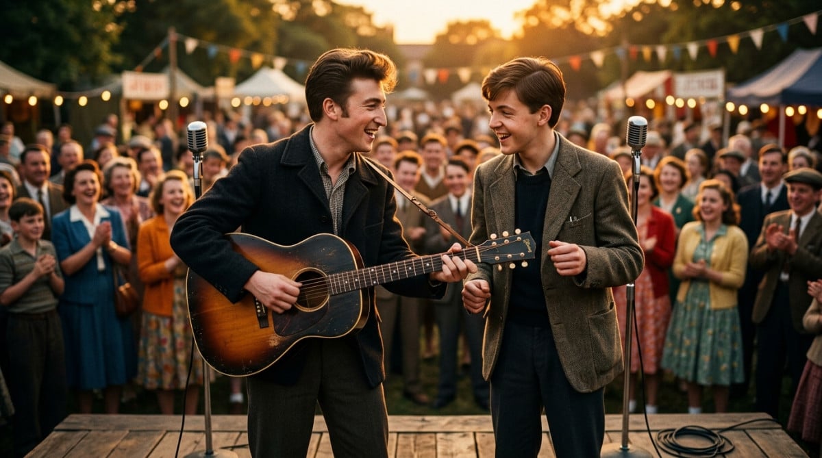 Adolescents jouant de la guitare lors d'une fête anglaise 1957