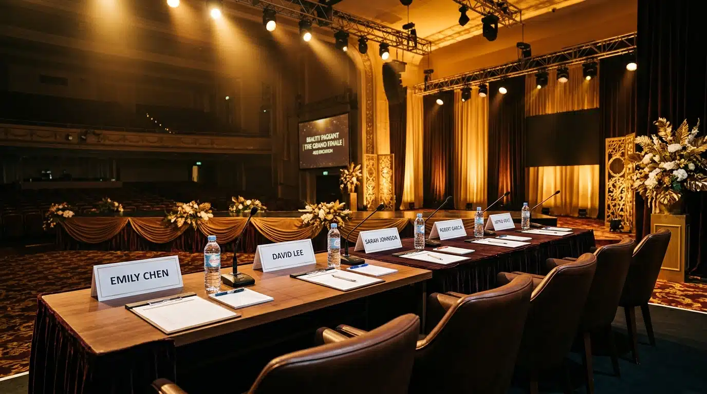 Table de jury de concours de beauté sur scène avec chaises vides et éclairage doré