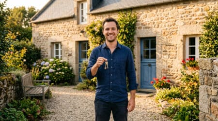 Agent immobilier souriant devant un pavillon breton