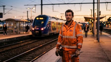 Agent SNCF en uniforme sur un quai de gare le soir