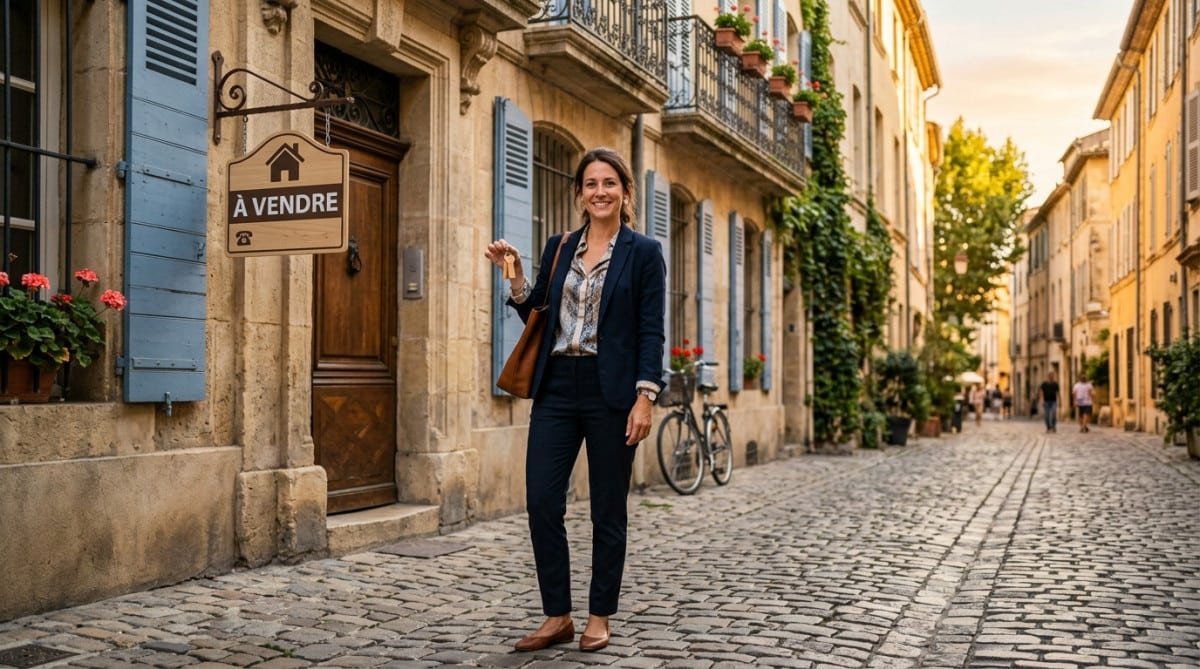 Agente immobilière devant une maison à vendre