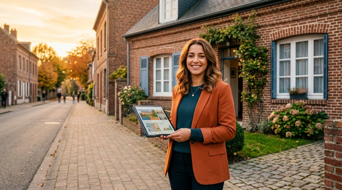 Agente immobilière souriante devant une maison à vendre