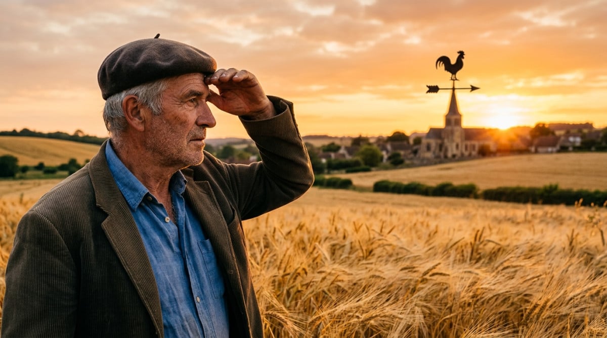 Agriculteur consultant une girouette en forme de coq