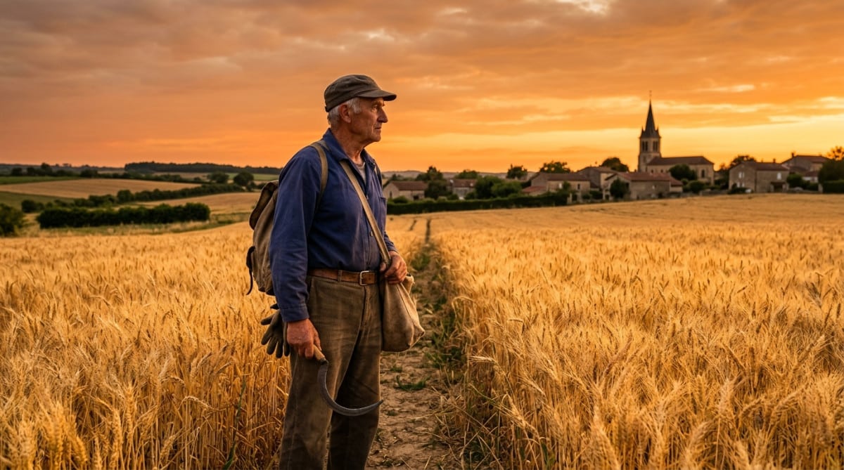 Agriculteur français regardant le clocher au coucher du soleil