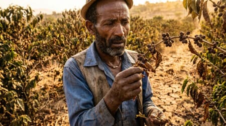 Agriculteur inquiet examine des cerises de café flétries