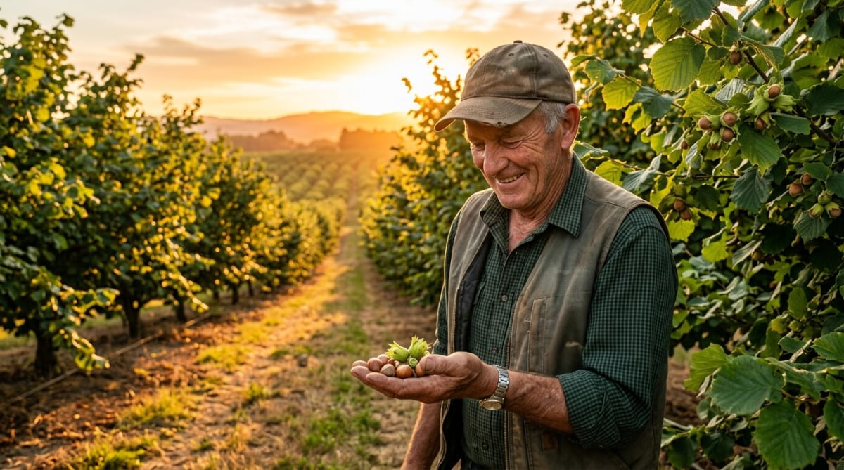 Agriculteur inspectant des noisettes dans une noiseraie