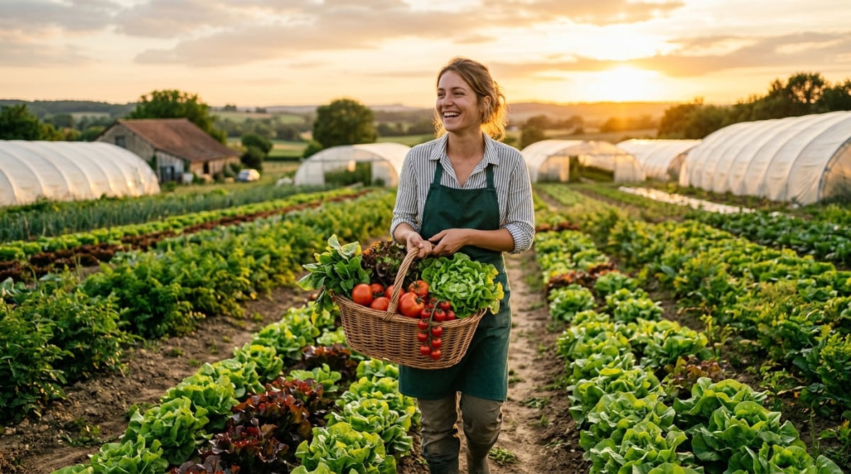 Agriculteur ligérien récoltant légumes au coucher du soleil