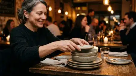 Mains rassemblant des assiettes sur une table de restaurant