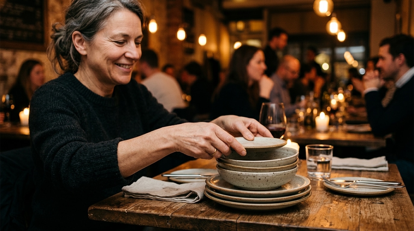 Mains rassemblant des assiettes sur une table de restaurant