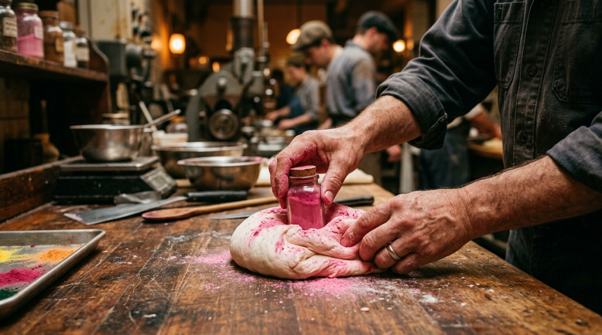 Ajout du colorant rose dans la pâte à chewing-gum