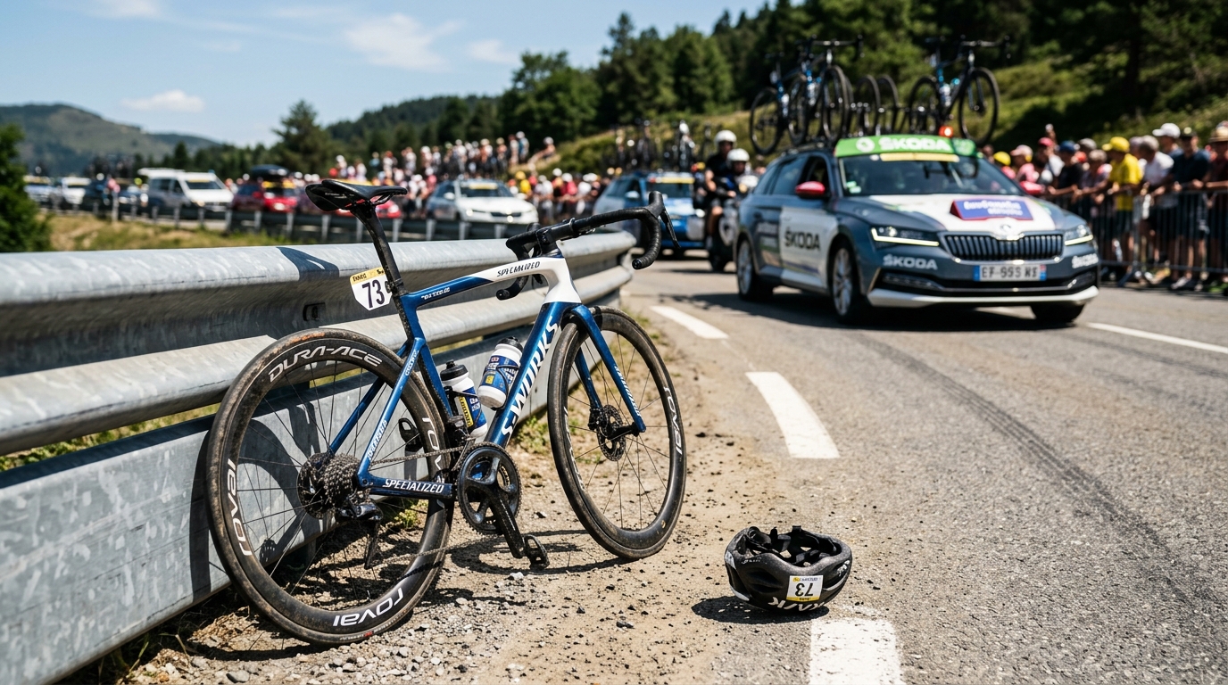 Vélo de cycliste professionnel abandonné au bord de la route lors du Tour de France