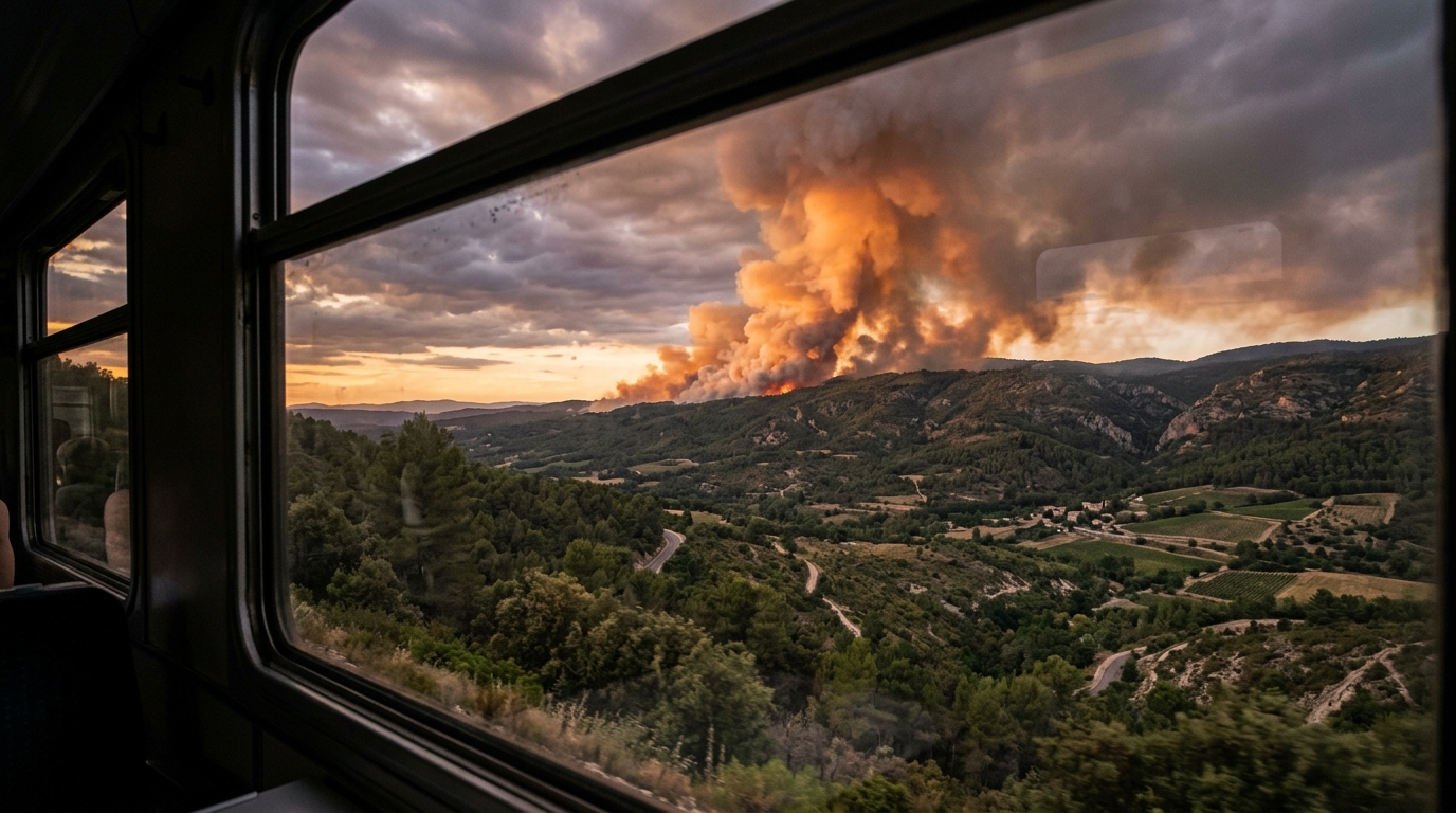 Fumée d'incendie de forêt vue depuis un train en marche