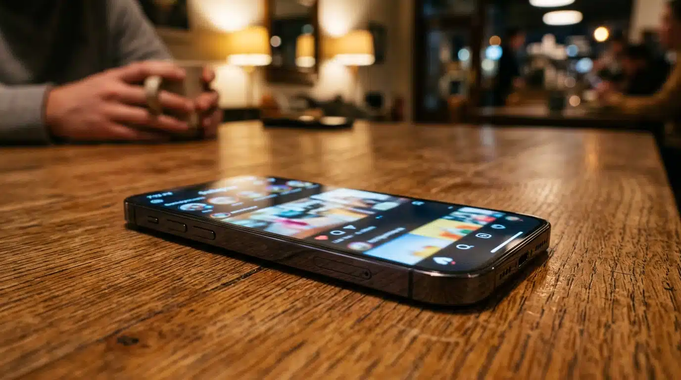Smartphone allumé posé sur une table le soir