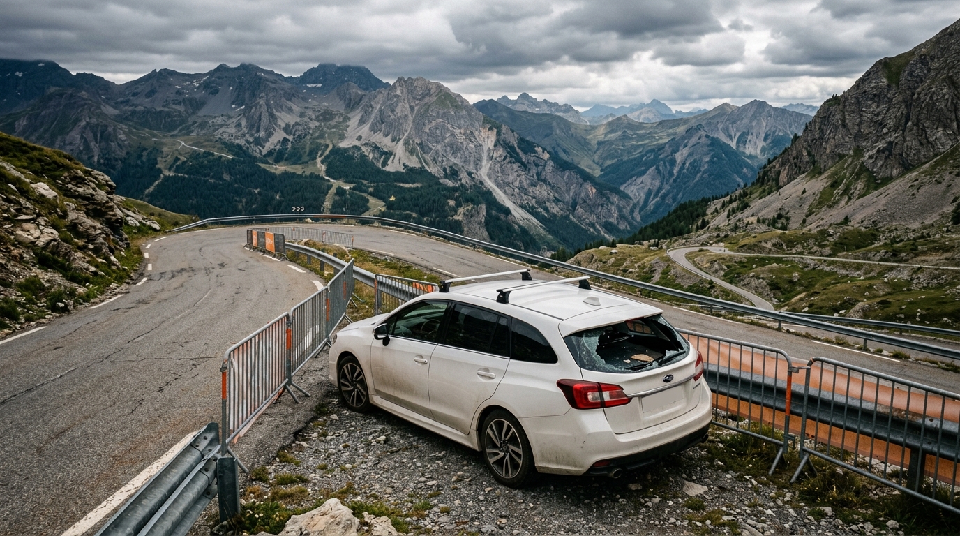 Vitre arrière d'une voiture fissurée sur route de montagne