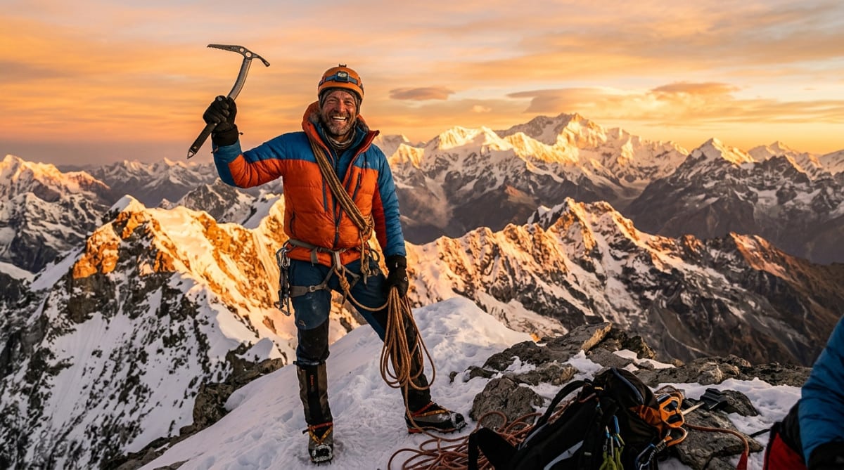 Alpiniste au sommet enneigé au coucher du soleil doré