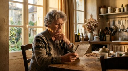 Femme âgée perplexe cherchant ses mots à table