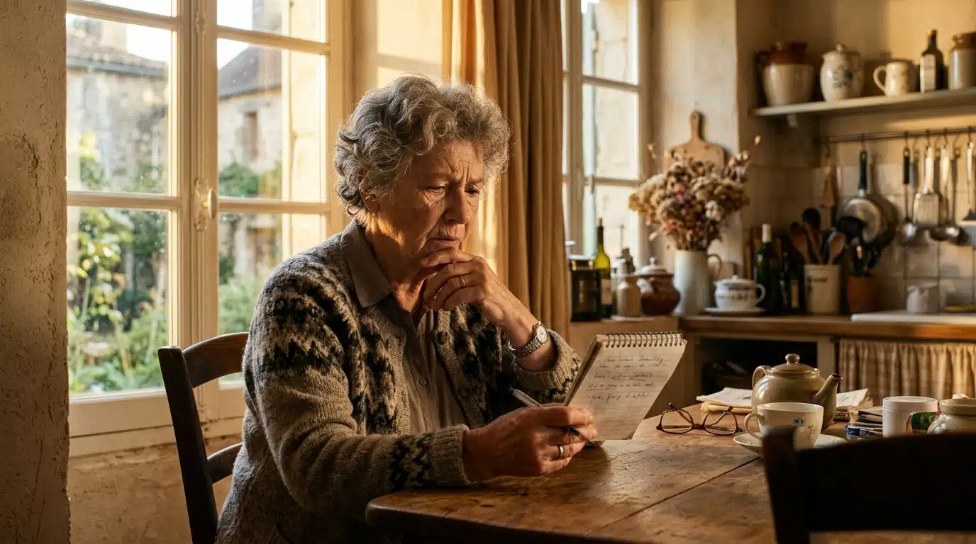 Femme âgée perplexe cherchant ses mots à table